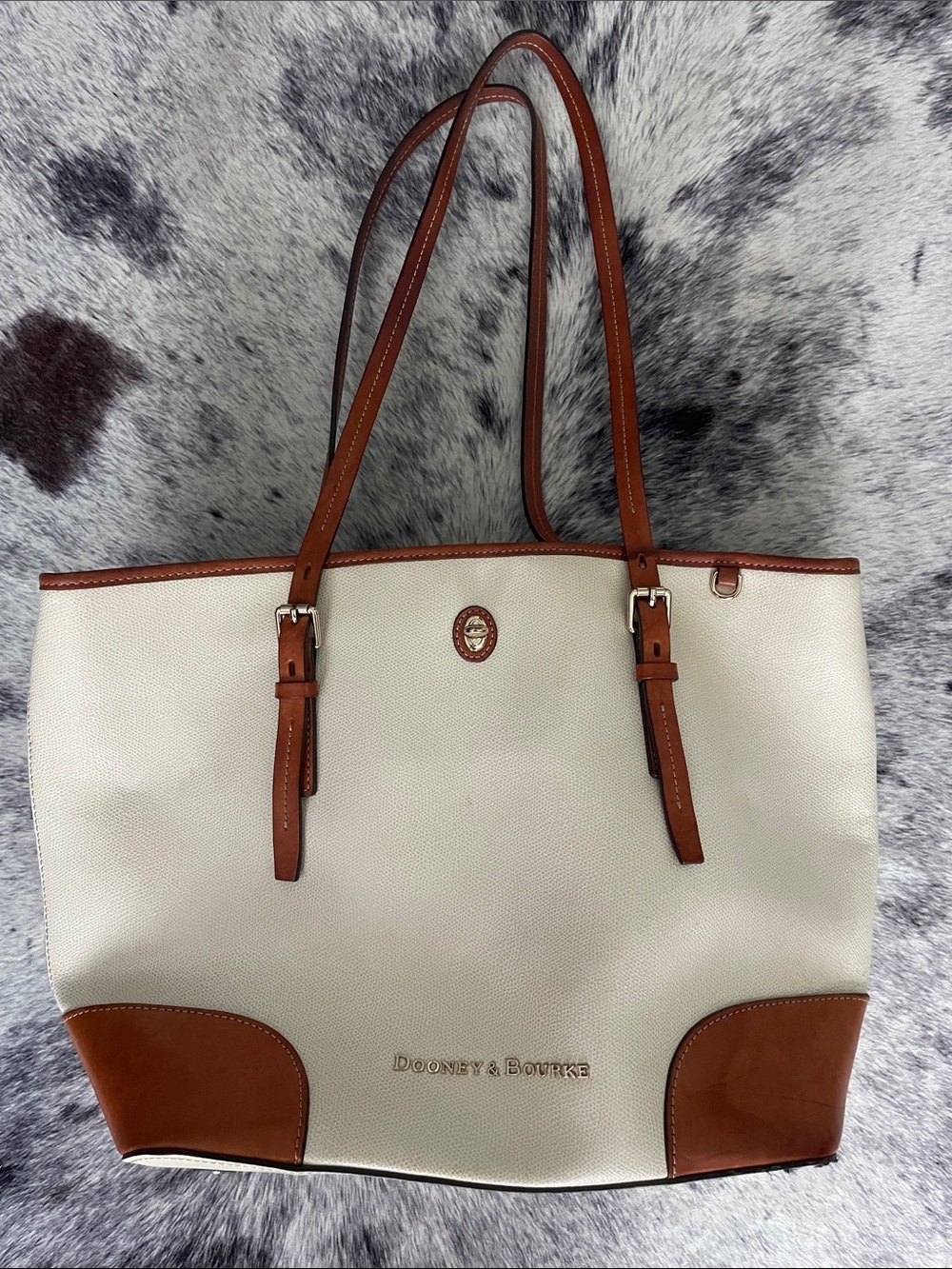 Dooney & Bourke Cream and Brown Leather Trim Tote Bag